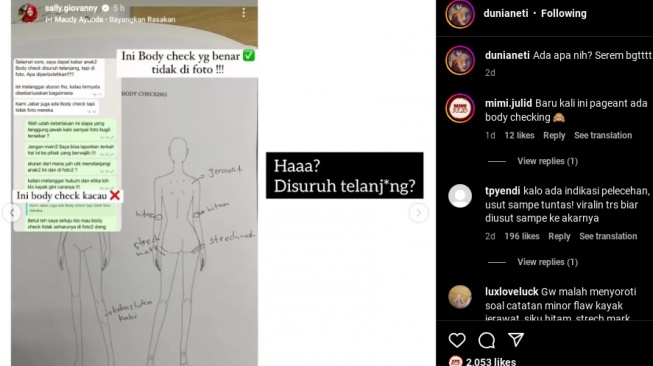 Tangkapan layar dugaan adanya pelecehan seksual di mana finalis Miss Universe Indonesia 2023 difoto telanjang saat body check. (Instagram/@dramaneti)